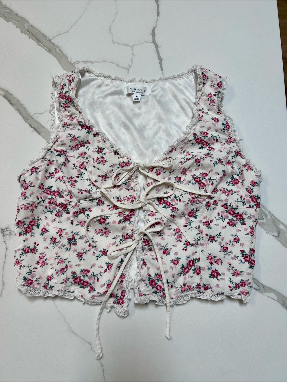 Kirious Cream Floral Lace-Up Crop Top - Picture 3 of 6